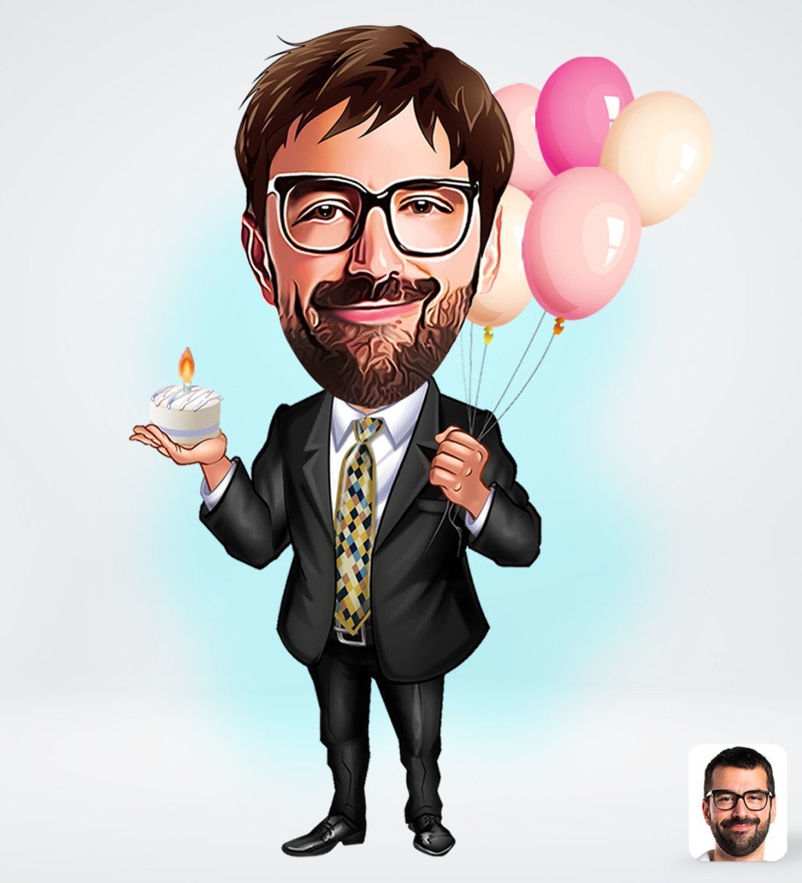 Fødselsdags tema3 (1 person) - karikaturtegning efter dine fotos - Just Karikatur