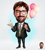 Fødselsdags tema3 (1 person) - karikaturtegning efter dine fotos - Just Karikatur