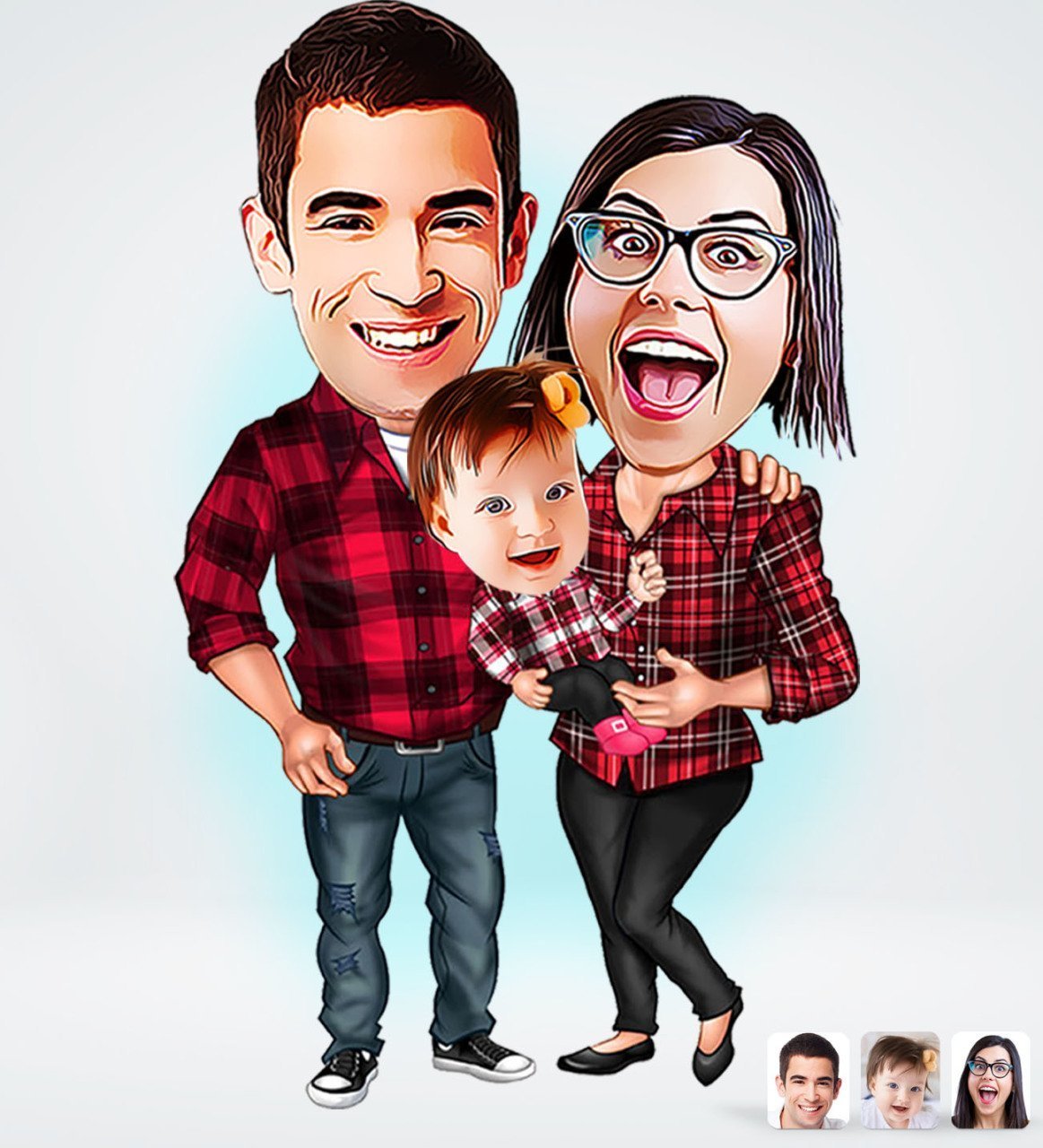 Familie tema2 ( 3 personer ) - karikaturtegning efter dine fotos - Just Karikatur