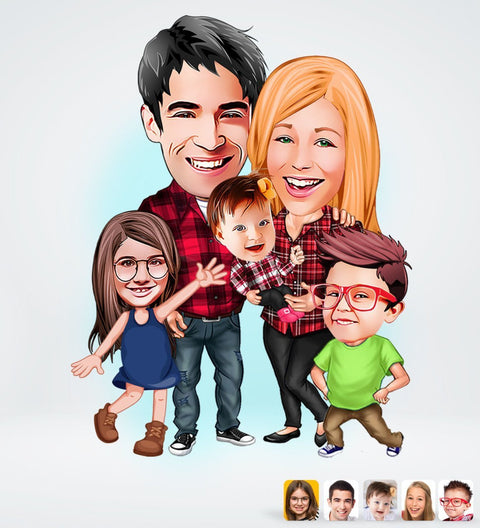 Familie tema3 (5 personer) - karikaturtegning efter dine fotos - Just Karikatur