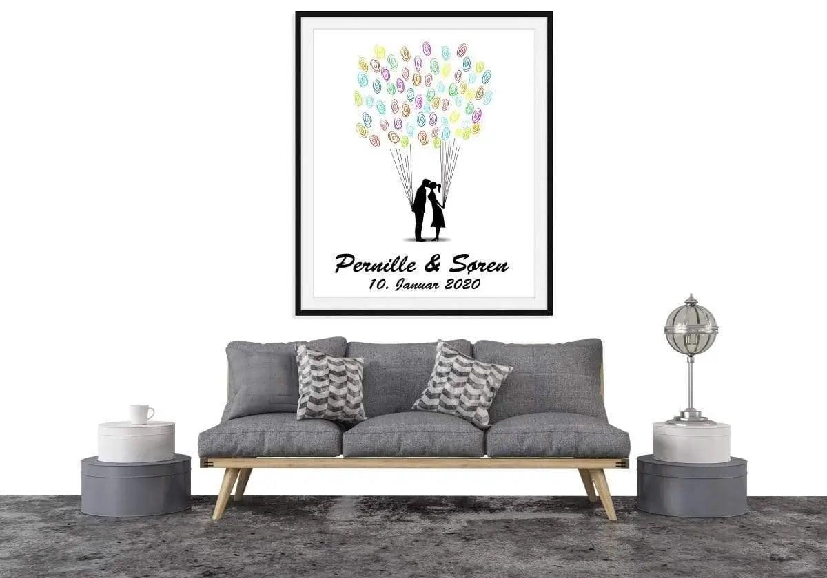 Bryllupsplakat - Fingeraftryk brudepar med balloner - Just Karikatur