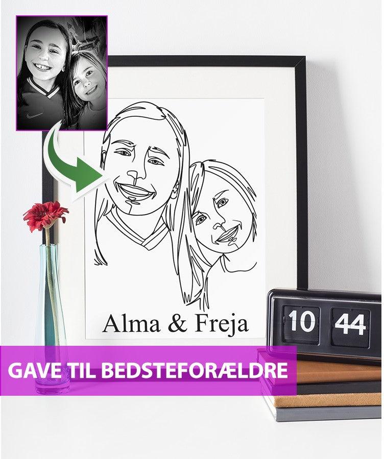 Gave til bedsteforældre - line art tegning efter dine fotos - Just Karikatur
