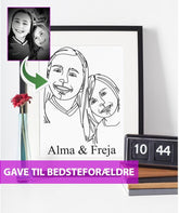 Gave til bedsteforældre - line art tegning efter dine fotos - Just Karikatur