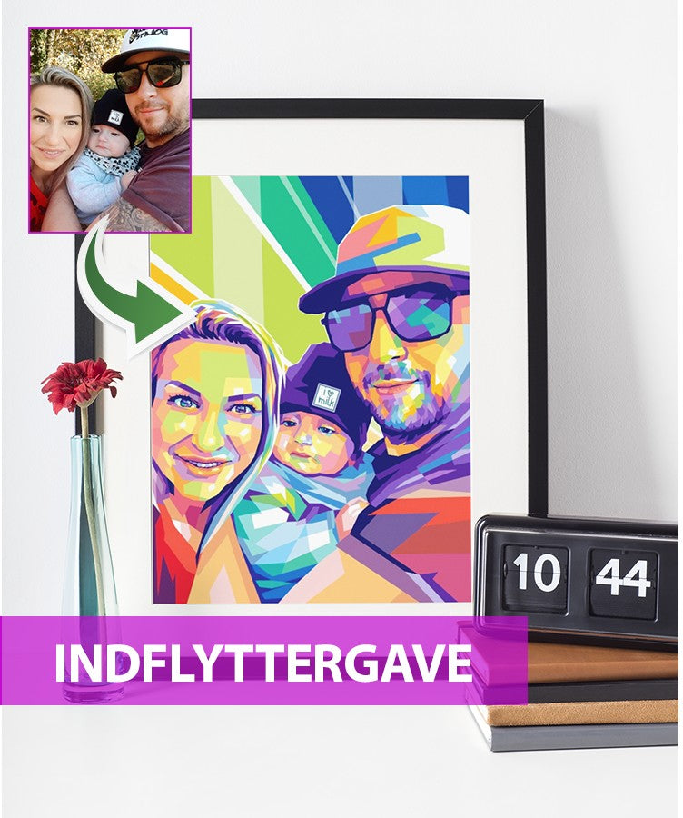 Indflyttergave - pop art tegning efter dine fotos - Just Karikatur