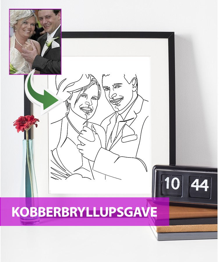 Kobberbryllupsgave - line art tegning efter dine fotos - Just Karikatur