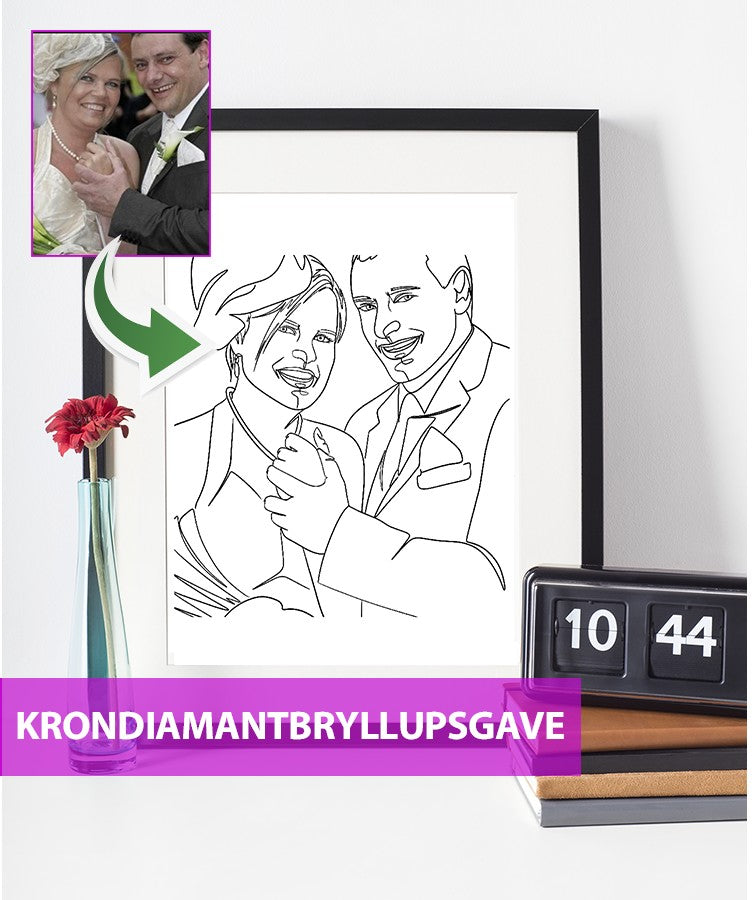Krondiamantbryllupsgave - line art tegning efter dine fotos - Just Karikatur