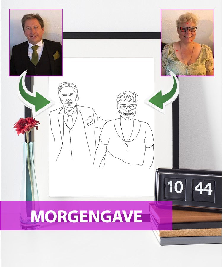 Morgengave - line art tegning efter dine fotos - Just Karikatur