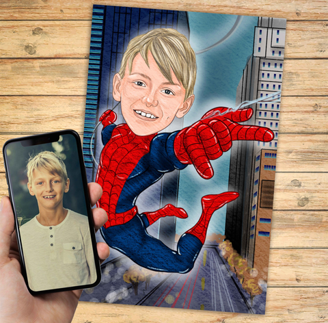 Spiderman - karikaturtegning efter dine fotos - Just Karikatur