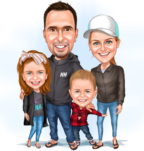 Familie tema3 (4 personer) - karikaturtegning efter dine fotos - Just Karikatur