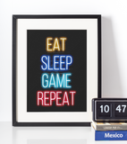 Neon Plakat - Eat Sleep Game Repeat - Just Karikatur