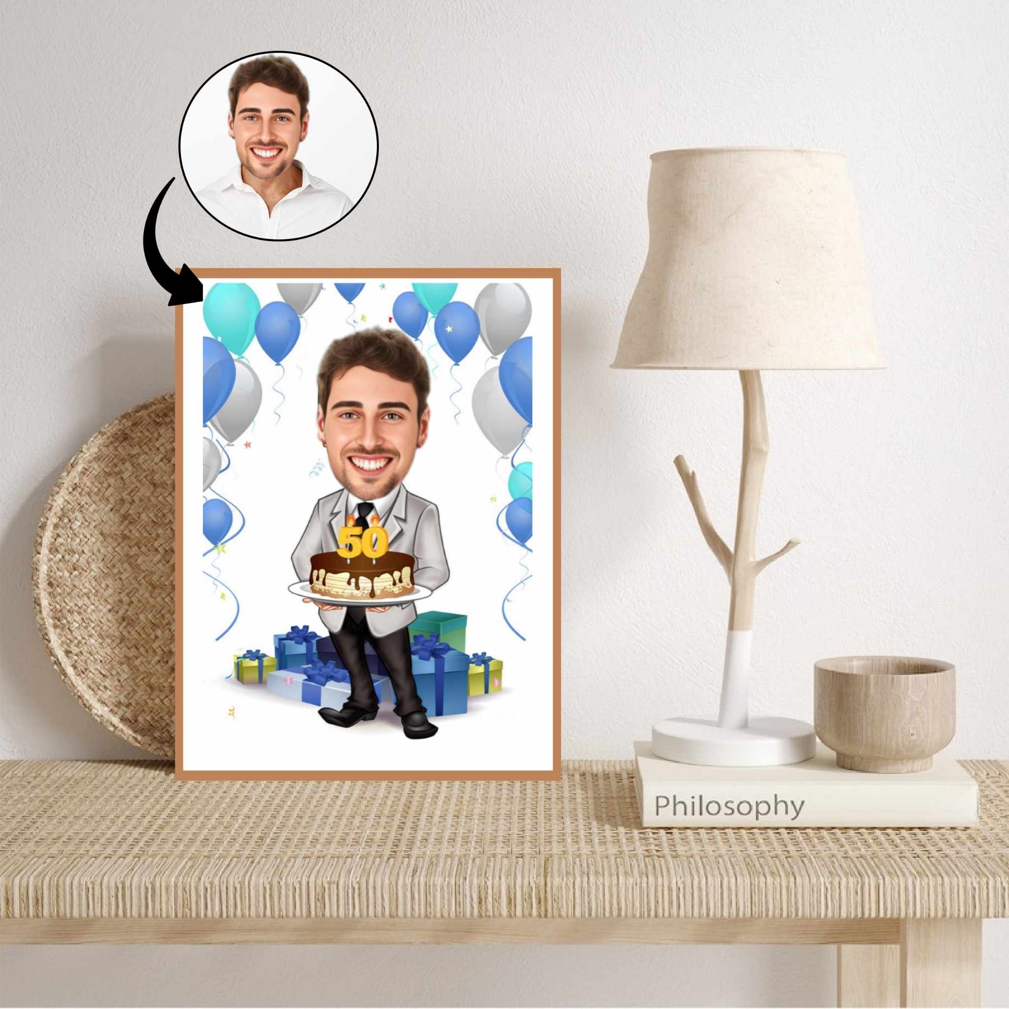 Fødselsdag tema2 (1 person) - karikaturtegning efter dine fotos - Just Karikatur