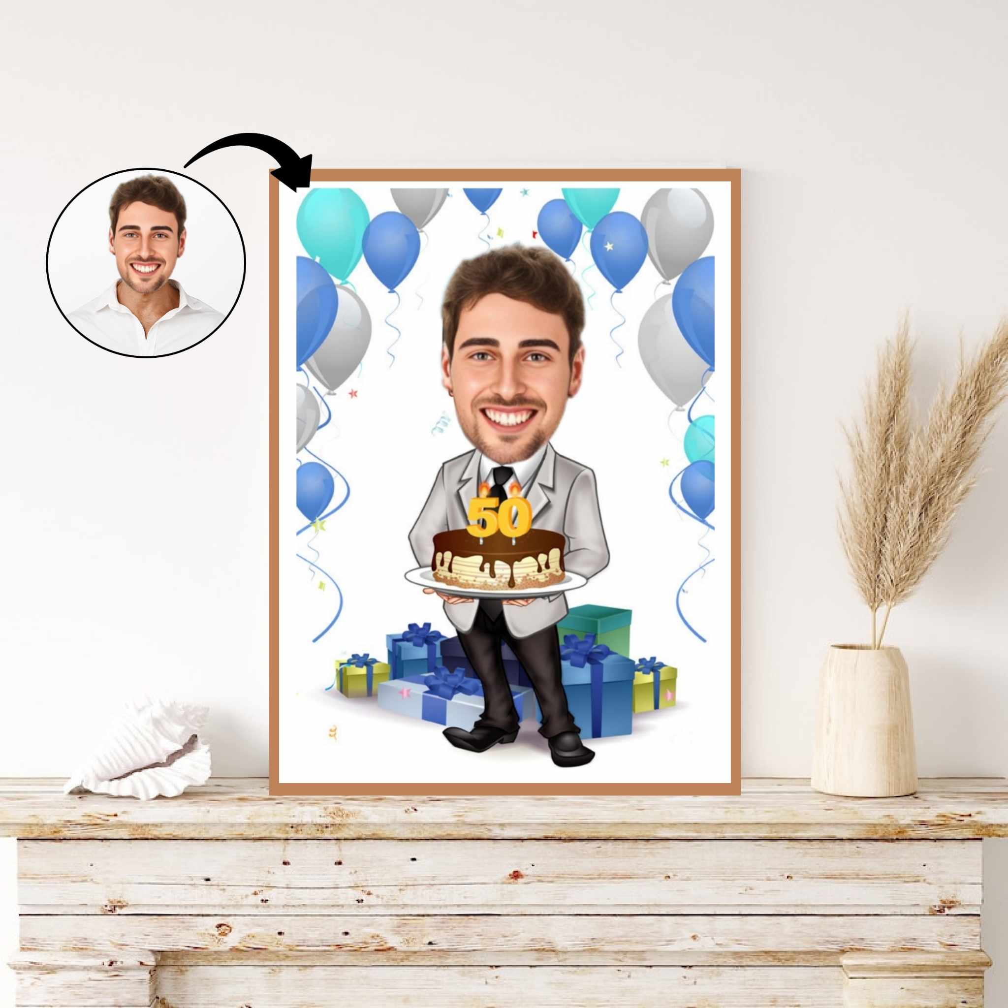 Fødselsdag tema2 (1 person) - karikaturtegning efter dine fotos - Just Karikatur