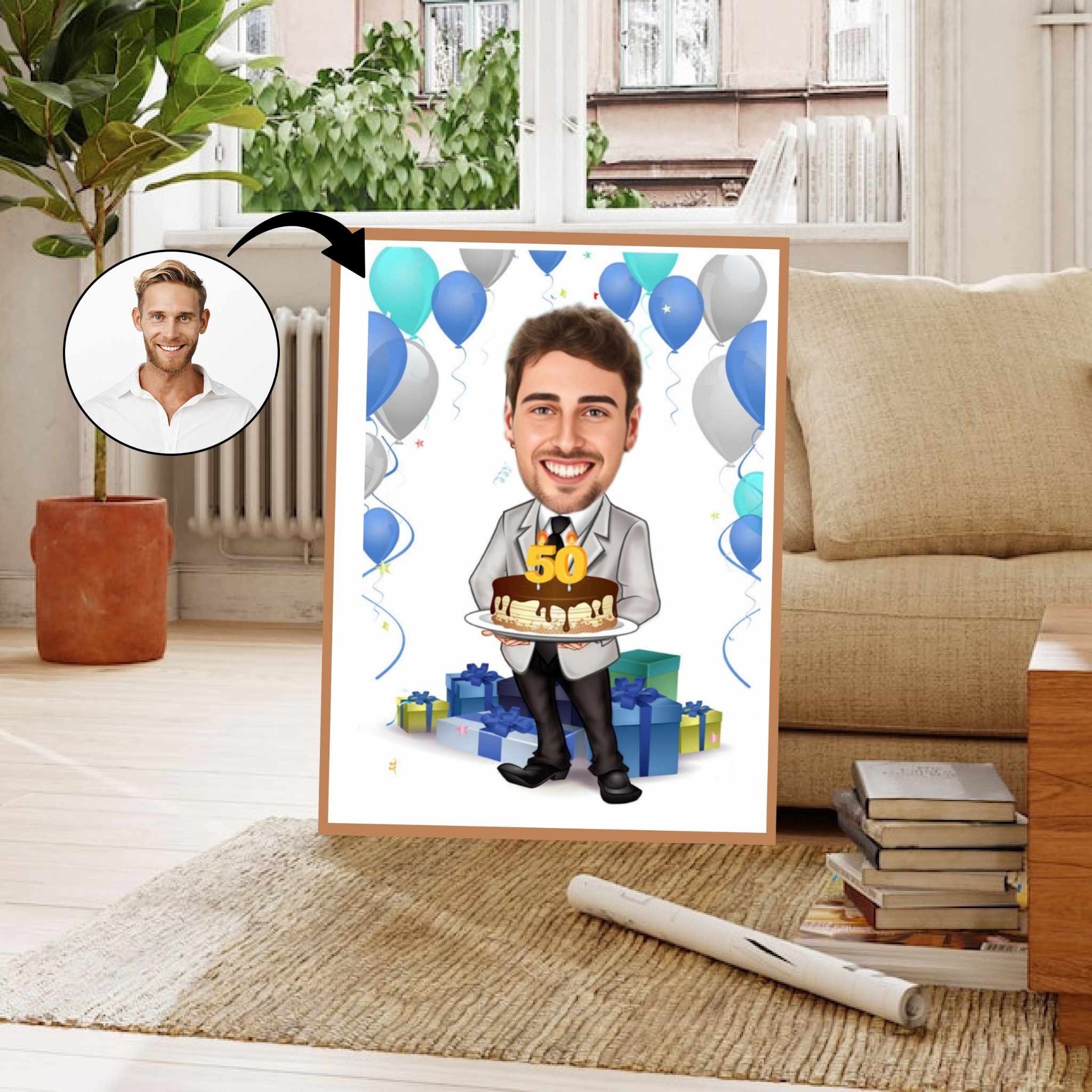 Fødselsdag tema2 (1 person) - karikaturtegning efter dine fotos - Just Karikatur