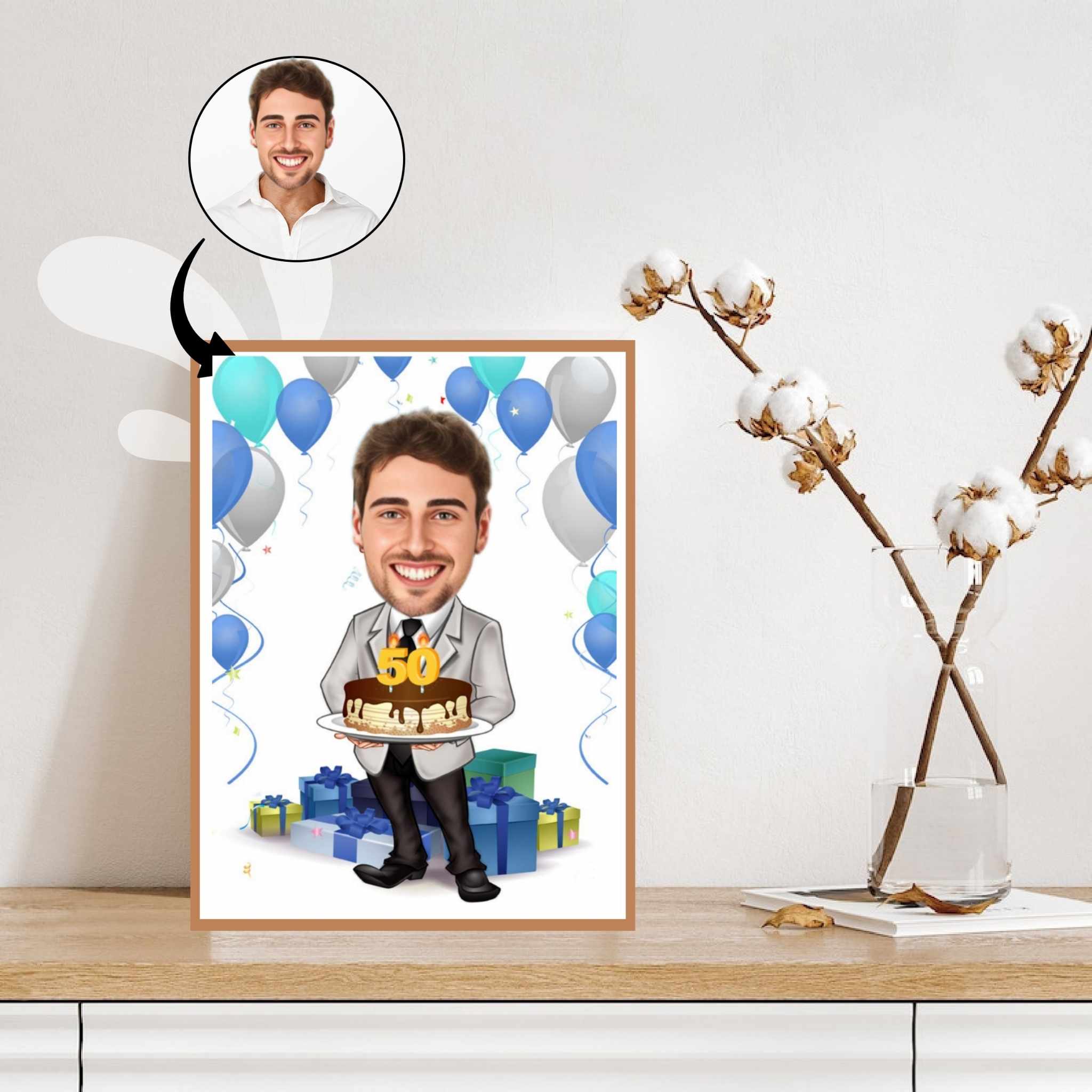 Fødselsdag tema2 (1 person) - karikaturtegning efter dine fotos - Just Karikatur