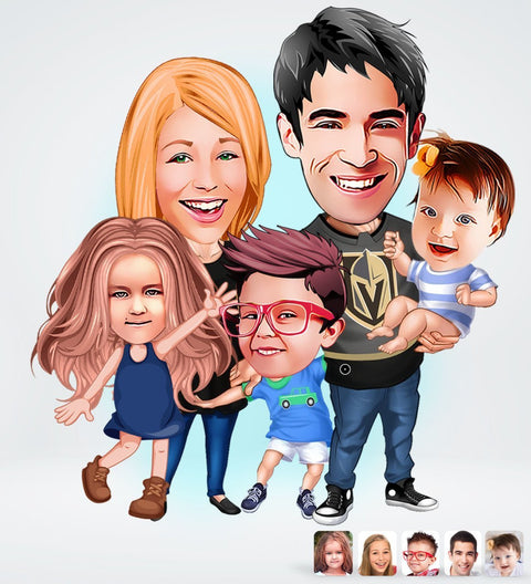 Familie tema4 (5 personer) - karikaturtegning efter dine fotos - Just Karikatur