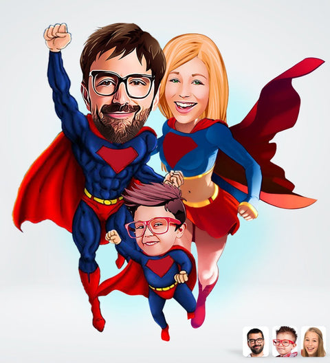 Superhelt familietema1 ( 3 personer ) - karikaturtegning efter dine fotos - Just Karikatur
