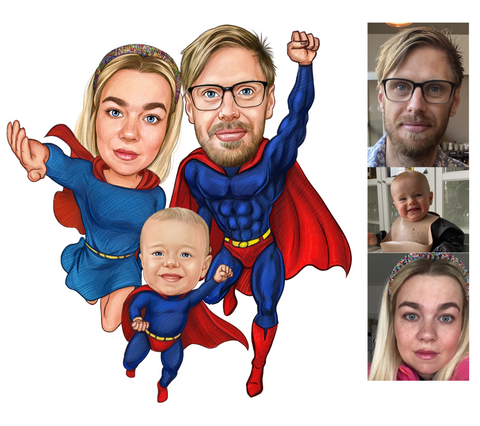 Superhelt familietema2 (3 personer) - karikaturtegning efter dine fotos - Just Karikatur